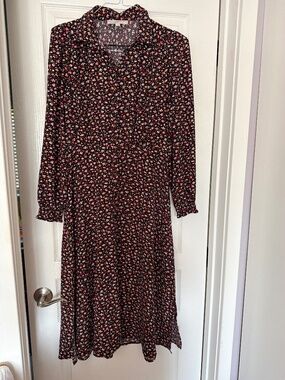 LOFT Floral Midi Dress | Size S | Long Sleeve | Black Pink Print